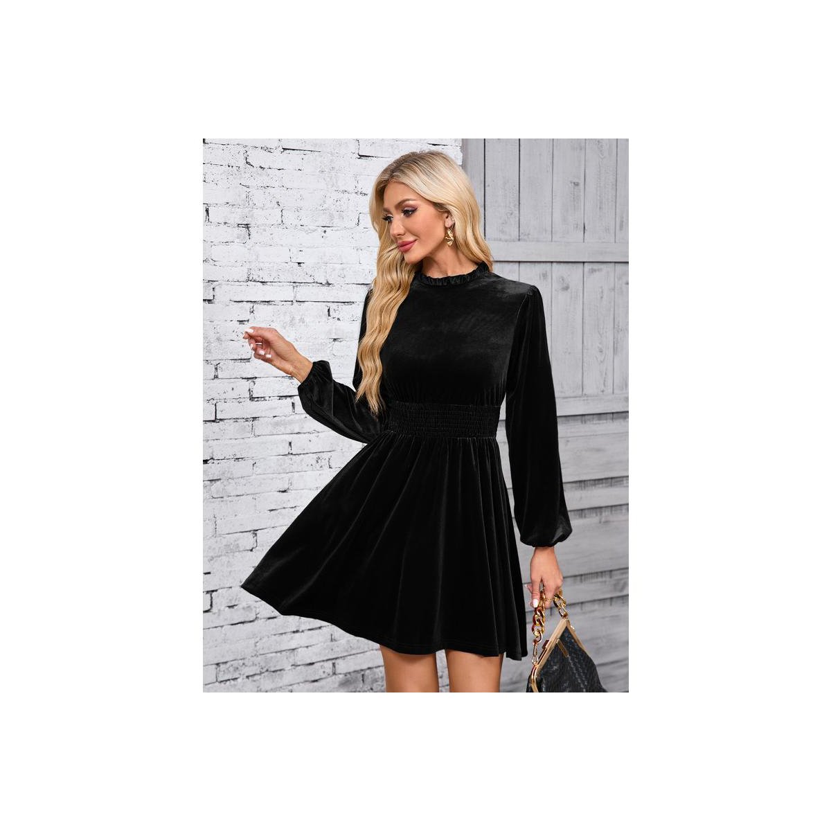 Женские платья Garvee Women's Velvet Dress Elastic Waistline Fall Long Sleeve Wedding Guest Short Wrap Tunic Formal Dress Black Large — фото 3