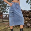 Coolmee Women Midi Skirt High Waist Cargo Skirt Button Front Zipper Denim Skirt with Pocket - 4 of 4