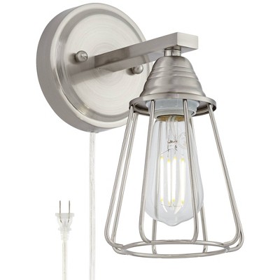 360 Lighting Industrial Wall Lamp Brushed Nickel Plug-In Light Fixture Open Metal Cage Shade Bedroom Bedside Living Room Reading