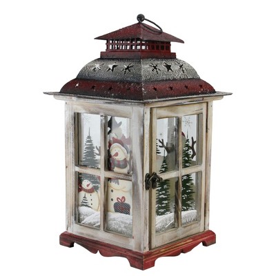 Northlight 17.5" Rustic Red Wooden Snowman Holiday Scene Christmas Pillar Candle Lantern