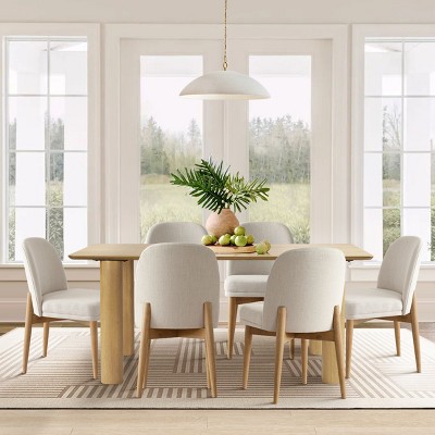7 Piece Dining Table Set Oak Rectangle Table with 6 Beige Armless Upholstered Linen Fabric Dining Chairs with Soild Wood Legs Maison Boucle