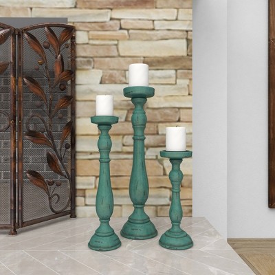 Teal Wood Fluted Pillar Candle Holders Set of 3