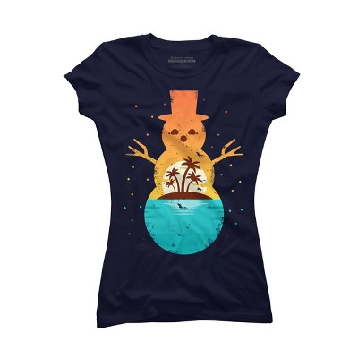 Junior's Design By Humans Christmas in July Snowman Sunset By destiny29 T-Shirt