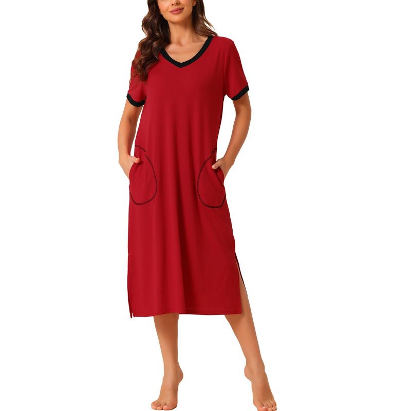 cheibear Women's V Neck Nightshirt Long Basic Slit Nightgown Short Sleeve Sleepshirt with Pockets, 1 of 6