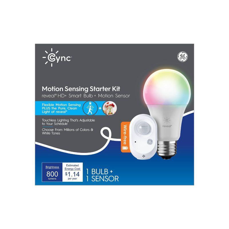 GE CYNC Reveal Smart Full Color Light Bulb with Smart Wire Free Motion Sensor Bundle, 1 of 8