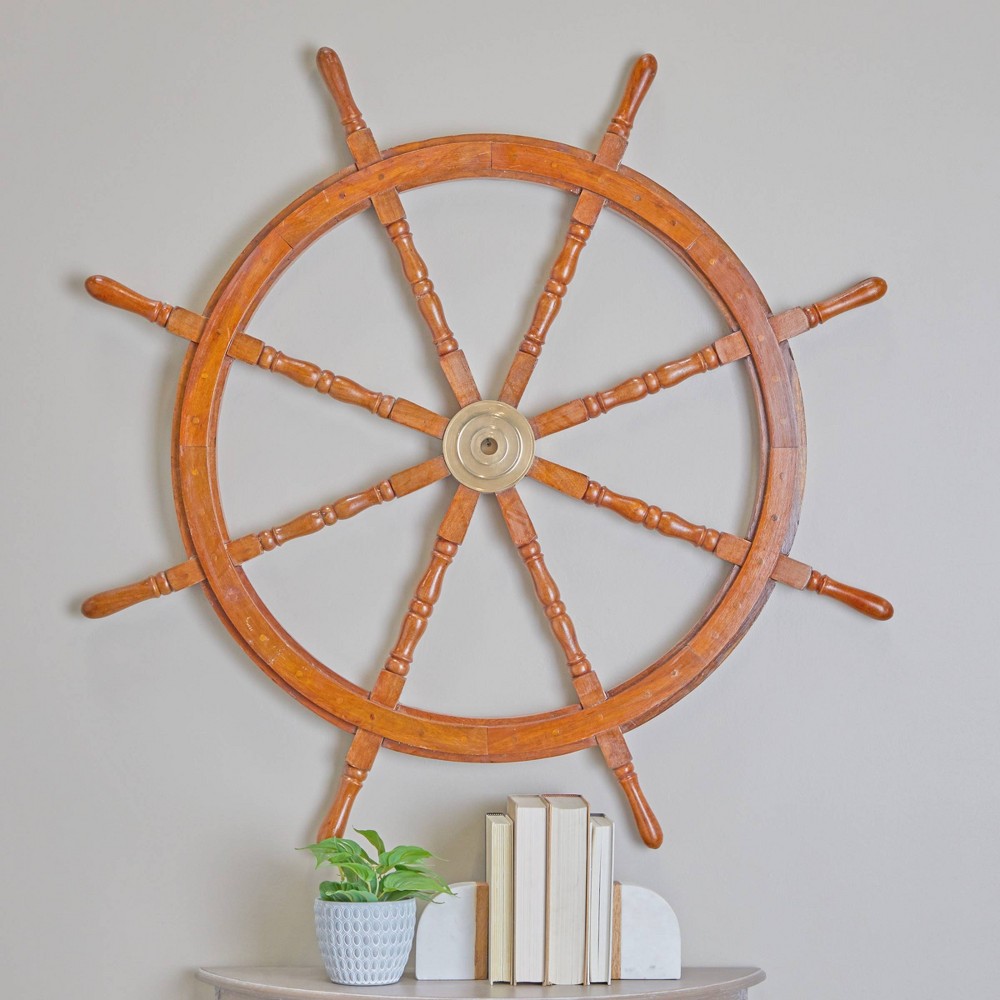 Photos - Wallpaper 48" x 48" Wood Sail Boat Ship Wheel Wall Decor with Gold Hardware Brown 