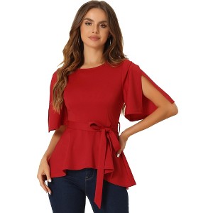 Allegra K Women's Split Half Sleeve Crew Neck Belted Casual Peplum Blouses - 1 of 4