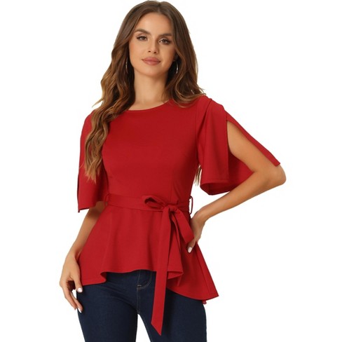 Allegra K Women s Split Half Sleeve Crew Neck Belted Casual Peplum Blouses Red X Large