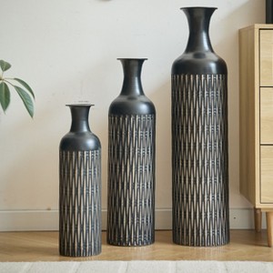 ORRD Set of 3 Black Metal Floor Vases, Textured Pattern Modern Home Decor - Tall Vases for Living Room, Office & Holiday Decor - 1 of 4