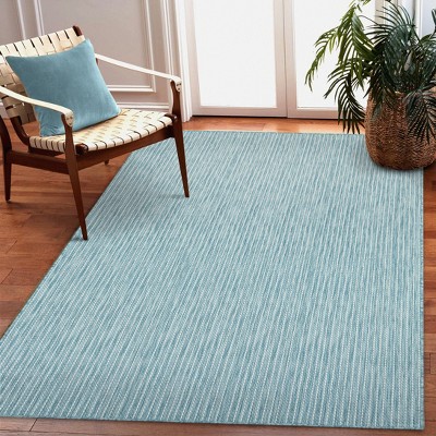 Aqua Flat Woven Stripe Indoor/Outdoor Synthetic Rug