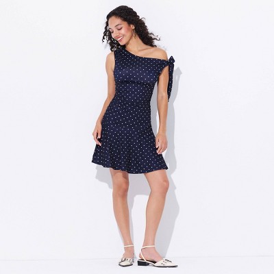 Женские платья Wild Fable Women's One Shoulder Side-Tie Mini Dress - Wild Fable™ Navy Blue Polka Dots S — фото 3