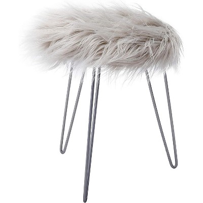BirdRock Home Round Faux Fur Foot Stool Ottoman - Grey with Silver Legs