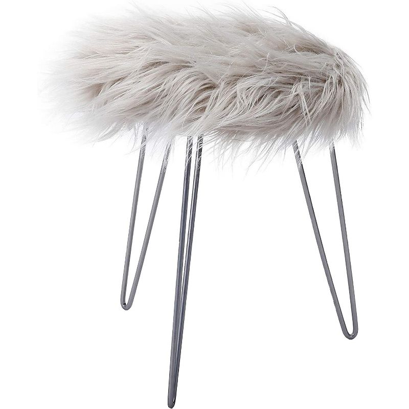 BirdRock Home Round Faux Fur Foot Stool Ottoman - Grey with Silver Legs, 1 of 5