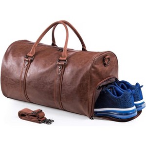 Waterproof Leather Weekender Duffel Bag with Shoe Compartment, Carry-On Overnight Travel Bag for Men & Women in Brown - 1 of 4