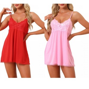 cheibear Women's Lace V-neck A-line Nightgowns with Adjustable Strap 2 Pcs - 1 of 4