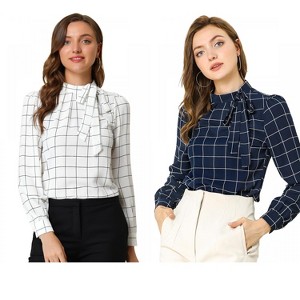 INSPIRE CHIC Women's Bow Tie Neck Keyhole Back Grid Checks Office Work Blouses 2 Packs - 1 of 4