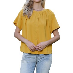 INSPIRE CHIC Women's Ruched Crew Neck Button Down Short Sleeve Casual Summer Blouses - 1 of 4