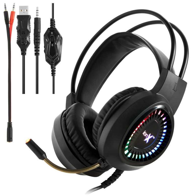 ionX Wired Gaming Headphones with Microphone, Over the Ear 3.5mm Headphones with Microphone and RGB Lighting, Black, 1 of 9