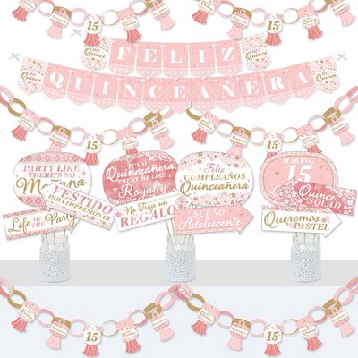 Big Dot of Happiness Mis Quince Anos - Banner and Photo Booth Decorations - Quinceanera Sweet 15 Birthday Party Supplies Kit - Doterrific Bundle