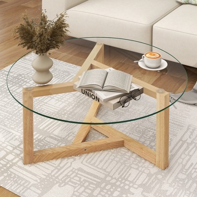 Wooakway Modern Round Coffee Table Cocktail Table with Tempered Glass Top