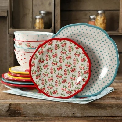 LunaLulinlk Timeless Floral & Retro Dot 12-Piece Dinnerware Set