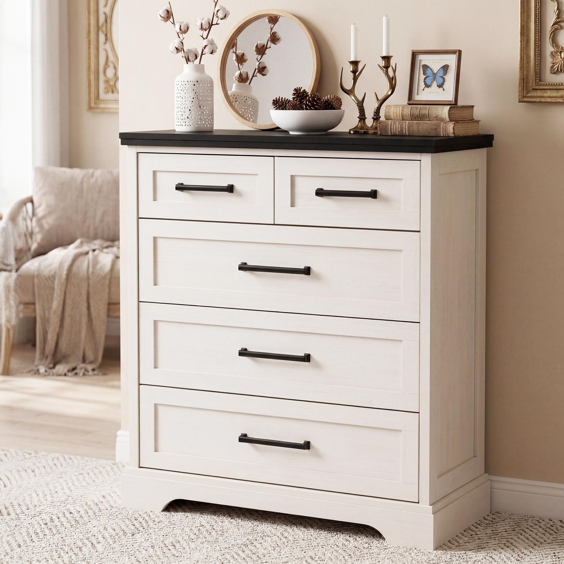 JIONJOY 36" Farmhouse 5-Drawer Dresser, White Wood Chest of Drawers with Black Top for Bedroom Living Room