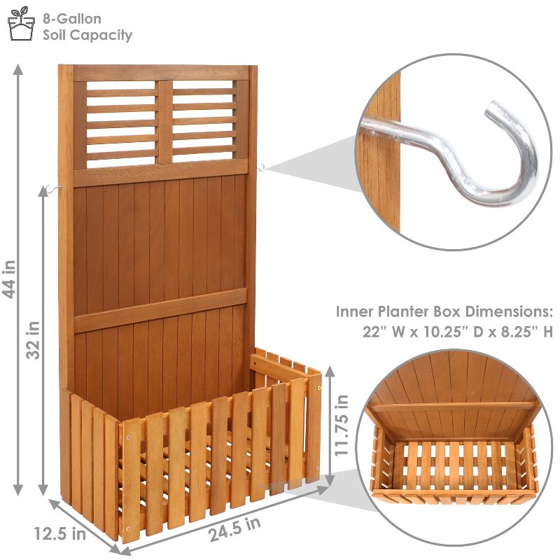 Sunnydaze Outdoor Garden Meranti Wood with Teak Oil Finish Planter Box with Privacy Screen and 2 Hooks for Hanging Basket Planters - 44" H - Brown, 4 of 12