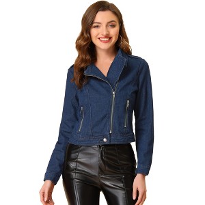 Allegra K Women's Notched Collar Zip Closure Biker Motocycle Denim Jacket - 1 of 4
