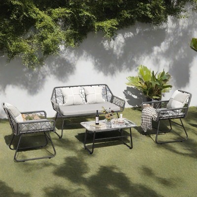 Outdoor 4 Pcs Furniture Set, Patio Wicker Sofas with Tempered Glass Table, Sofas with Detachable Easy Cleaning Cushions-Coolbibila
