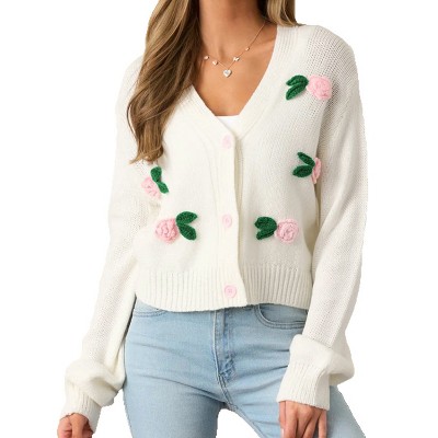 Women's Casual Sweater Cardigan Long Sleeve Button Down Sweater V Neck Cute Floral Fall Winter Cardigan