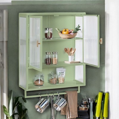 Alilang 23.62 Inch Wall-Mounted Storage Cabinet with Ribbed Glass Doors - Green