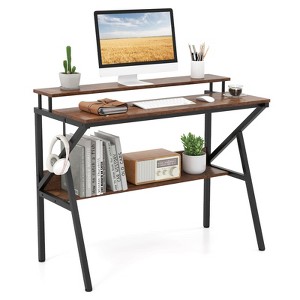 Costway Home Office Desk with Monitor Stand, Open Shelf & Metal Frame, Earphone Hook White/Brown/Black/Pink - 1 of 4