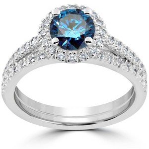 Pompeii3 1 1/2 ct Blue Diamond Halo Engagement Wedding Ring Set 14k White Gold Lab Created - 1 of 3