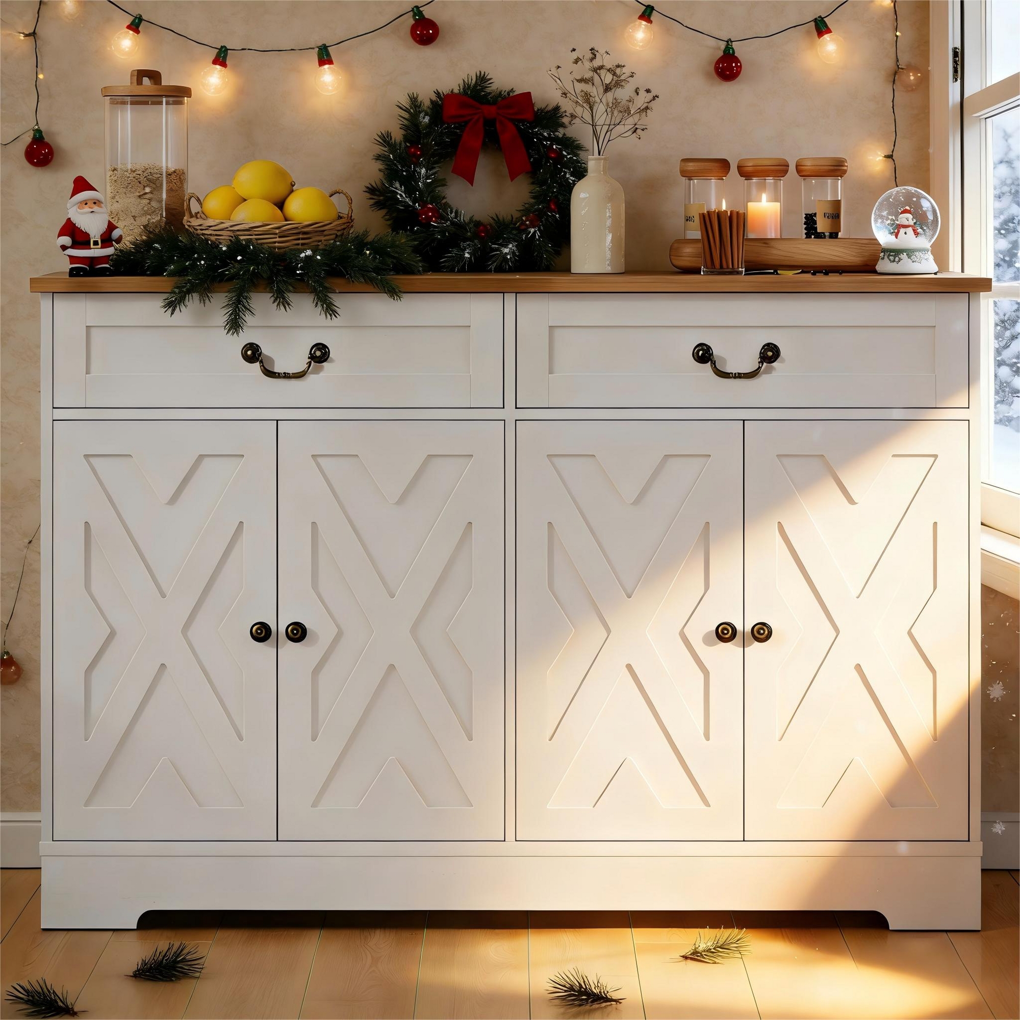 Farmhouse Kitchen Storage Buffet Sideboard: Coffee Bar Cabinet with 4 Doors & 2 Drawers, Adjustable Shelf, 150 LB Capacity, Easy Assembly
