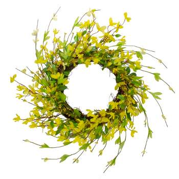 Northlight Forsythia and Leaves Artificial Spring Floral Wreath, Yellow - 20-Inch