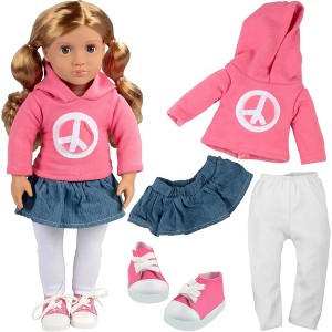 4pc Pink Peace Sign Hoodie Outfit- 18" Doll Clothes & Accessories Compatible w American Girl Doll- Jean Skirt, Sweatshirt, White Leggings, & Sneakers - 1 of 4