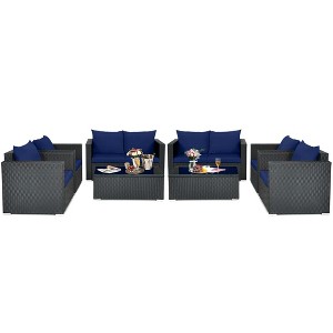 Tangkula Set of 8 Patio Rattan Conversation Furniture Set Outdoor Wicker Sofa Set with Padded Cushion & Tempered Glass Coffee Table Navy - 1 of 4