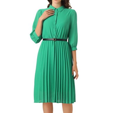 INSPIRE CHIC Women's 3/4 Sleeve Button Up Collared Pleated Dresses Large  Green : Target