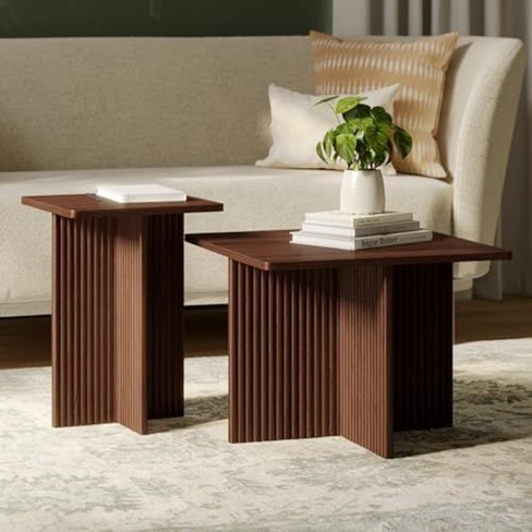 Stead Square Fluted Nesting Coffee Table Low Profile 2 Piece Square Coffee Table Set Solid Oak Base walnut Target