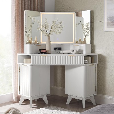 SinCiDo Makeup Vanity Desk with 3 LED Mirror & Charging Station, 48" Fluted Vanity Table with Glass Top & Storage Cabinets for Bedroom, White