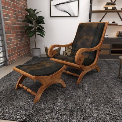 Traditional Dark Brown Leather Accent Chair and Ottoman Set