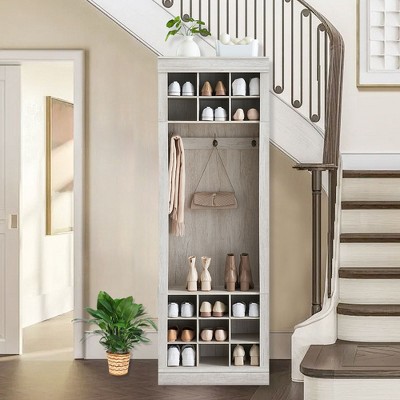 Acekool 4-in-1 Hall Tree with Bench, 15 Shoe Cubbies & 5 Coat Hooks, Entryway Shoe Storage with Seating and Coat Rack, Gray Finish