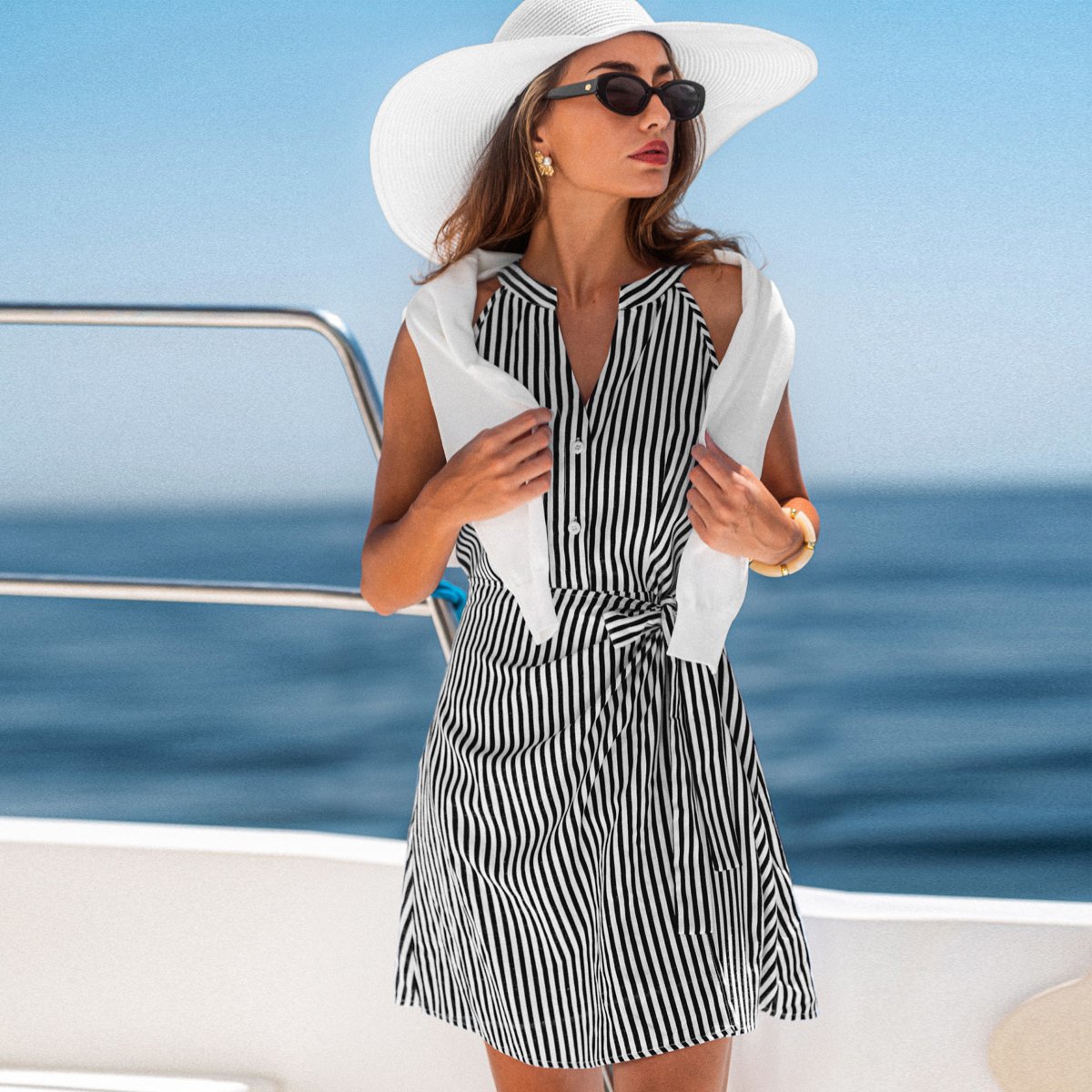 Женские платья Cupshe Women's Striped Button-Down Shirt Dress for Summer Beach Days-M-Black — фото 2