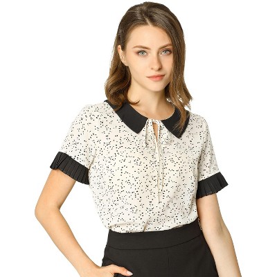 Allegra K Women's Contrast Doll Collar Polka Dots Short Sleeves Blouse
