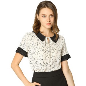Allegra K Women's Contrast Doll Collar Polka Dots Short Sleeves Blouse - 1 of 4
