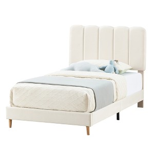 Twin Upholstered Bed Frame with Contoured Headboard - Loop Pile Platform Bed, Wood Slatted Support, No Spring Mattress (Beige/Gray/Pink) - 1 of 4