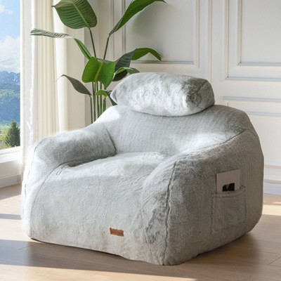MAXYOYO Giant Bean Bag Chair with Pillow, Faux Fur Fabric Fluffy Large Bean Bag Chair, Grey