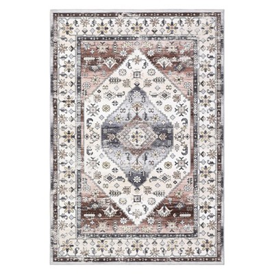 Washable Vintage Medallion Rug Non Slip Low Pile Rug Soft Oriental Throw Floor Cover Foldable Indoor Carpet for Living Room Bedroom Playroom Nursery