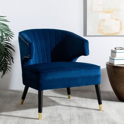 Navy Velvet Barrel Accent Chair with Gold Trim