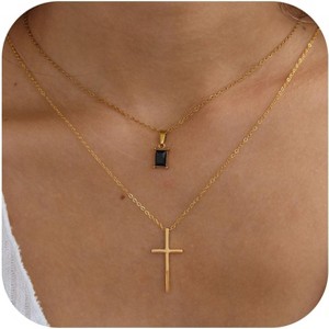 Layered Sideways Cross Necklace 14K Gold Plated Dainty Choker for Women - 1 of 4